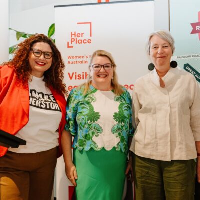 Changemakers: Crafting a Difference Launch - at QVWC - Lf to Rt - Tanja Kovac - Her Place Director, Hon. Natalie Hutchins Minister for Women, Carole Wilson  